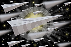 Paper airplane, floating in space, conceptualism