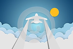 Paper airplane flying above clouds in blue sky