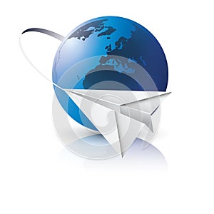 Paper Airplane Flying All Around Planet Earth, Blue Globe - Transportation, Traveling By Air Concept, Vector Illustration