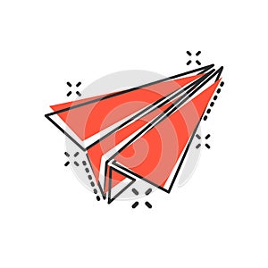 Paper airplane icon in comic style. Plane vector cartoon illustration on white isolated background. Air flight business concept