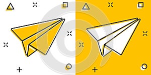 Paper airplane icon in comic style. Plane vector cartoon illustration on white isolated background. Air flight business concept