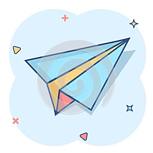 Paper airplane icon in comic style. Plane vector cartoon illustration on white isolated background. Air flight business concept