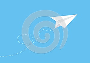 Paper airplane icon with dotted path. Flying plane on blue background. Vector illustration