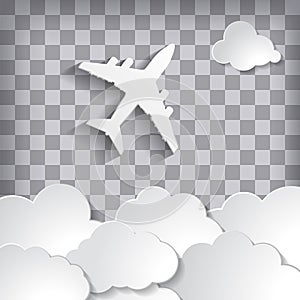 Paper airplane with paper clouds on chequered background