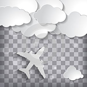 paper airplane with paper clouds on chequered background