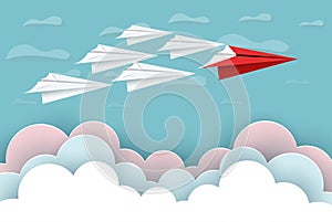 Paper airplane red and white are fly up to the sky between cloud natural landscape go to target