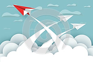 Paper airplane red and white are fly up to the sky between cloud natural landscape go to target