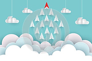 Paper airplane red and white are fly up to the sky between cloud natural landscape go to target