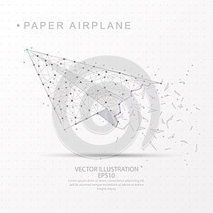 Paper airplane shape digitally drawn low poly wire frame.
