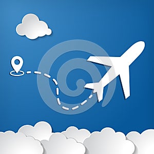 paper airplane with start point, dah line trace and white clouds on blue air background. Clear sky travel background