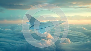 Paper airplane wing above clouds at sunset.