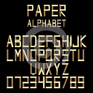 Paper alphabet in origami style. Letters and numbers folded from paper strips on black background. Vector illustration.