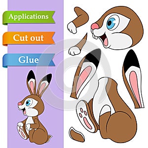 Paper application the cartoon sitting Hare. Use scissors cut parts of rabbit and glue on the paper. Education logic game for kids