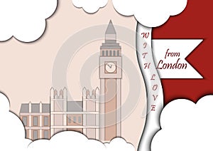 Paper applique style vector illustration. Card with application of Big Ben Tower and Westminster Palace. London