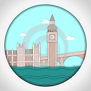 Paper applique style vector illustration. Card with application of Big Ben Tower and Westminster Palace. London.Postcard