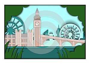 Paper applique style vector illustration. Card with application of London ponorama with Big Ben Tower and Westminster