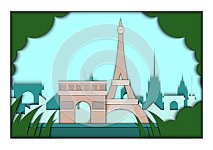 Paper applique style vector illustration. Card with application of Paris ponorama with Eiffel Tower and Triumphal Arch