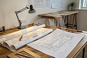 Paper architectural drawings and blueprint photo