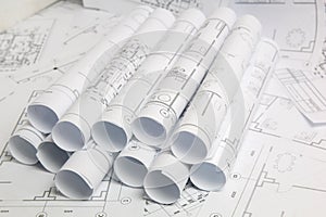 Paper architectural drawings and blueprint. Engineering blueprint