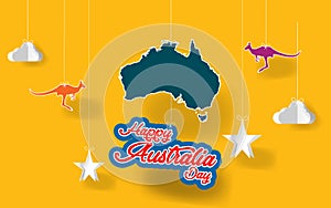 Paper art Australia Day.Paper Happy Australia Day texture abstract wiith origami paper clouds, stars, kangaroos in special austarl
