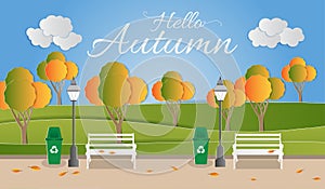 Paper art with Autumn park landscape with orange leaf trees. Vector illustration