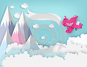 Paper art background with paper clouds, airplane