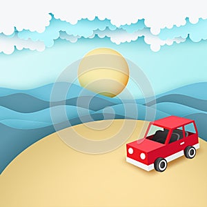 Paper art background with red car park at beach with sea waves,
