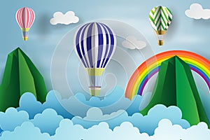 Paper art of Balloon floating over the sky and rianbow.vector il