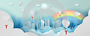 Paper art balloon gift of Panorama top world landmark city America travel.World famous countries America white paper cut style for