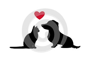 Paper art of black cat, dog and Red heart, Silhouette of cat on white background