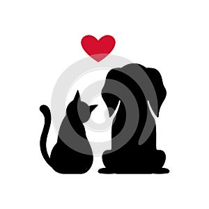 Paper art of black cat, dog and Red heart, Silhouette of cat on white background