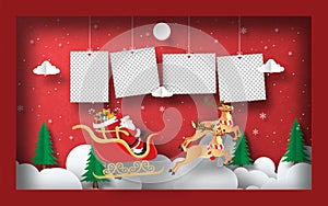 Paper art of blank photo with Santa Claus on a sleigh in frame, Postcard banner background