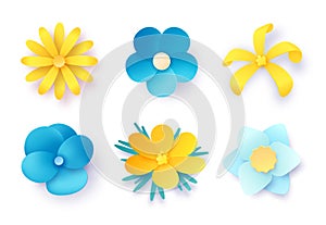 Paper art bouquets. Wild blue and yellow flowers. 3d beautiful floral origami decoration. Bright and pastel blossom