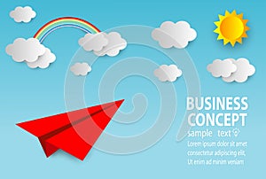 Paper art business concept with cloud and sun , Paper Plane flying on sky design, business startup concept, leadership, creative