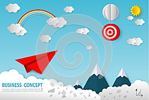 Paper art business concept with cloud and sun , Paper Plane flying on sky design, business startup concept, leadership, creative