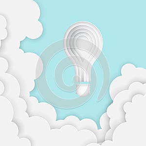 Paper art cartoon light bulb like a sun in blue sky with paper clouds