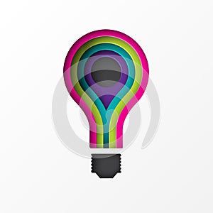 Paper art cartoon light bulb in trendy craft style.