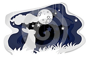 Paper art carving with a rabbit looking at the full moon on night sky with stars and cloud