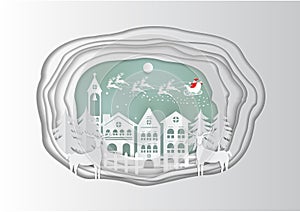 Paper art carving of winter holiday snow in town background with santa, deer and tree, vector illustration