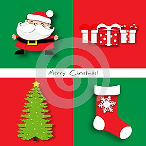 Paper art of Christmas Card set with Santa Claus, Christmas tree, Christmas sock and Gift box ,Festival,vector