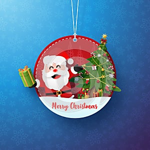 Paper art of Christmas circle tag banner and hanging rope on blue snowflake background