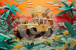 A paper art collage adorned with toy safari jeeps, AI generated