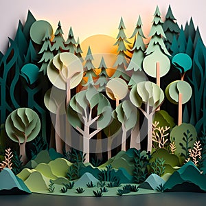 paper art with the concept of nature in the afternoon with generative AI technology photo