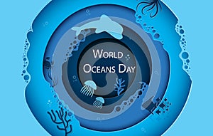 Paper art concept of World Oceans Day. A holiday dedicated to the protection and preservation of the oceans, water, ecosystems.