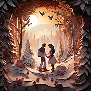 paper art of a couple in a romantic christmas forest scene