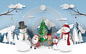 Paper art, Craft style of Christmas party with Santa Claus, Snowman and reindeer in the forest