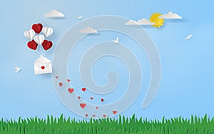 Paper art, Craft style of Heart shaped balloon with opened letter floating to the sky