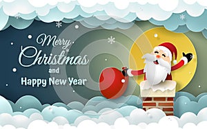 Paper art, Craft style of Santa Claus on Chimney with full moon and snowing, Going to the village to give children a gift, Merry C