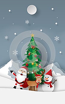 Paper art, Craft style of Santa Claus with friends with Christmas tree at snow mountain