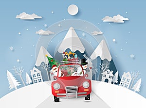 Paper art, Craft style of Santa Claus and friends in red car in the village